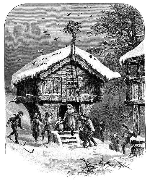 Norsk juleskik (Norwegian Christmas Custom), painting by Adolph Tidemand (circa 19th century). Vintage etching circa 19th century.
