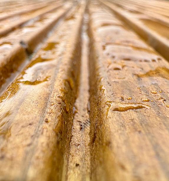 Grooved varnished wood with raindrops