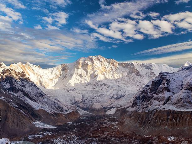 Photo of a hiker crossing the extreme terrain of Annapurna Range on Himalayas, Nepal