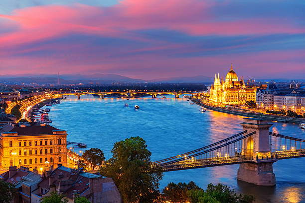 istock Panoramic evening view of Budapest with Parliament building, Chain Bridge and Danube river at sunset 2220449377