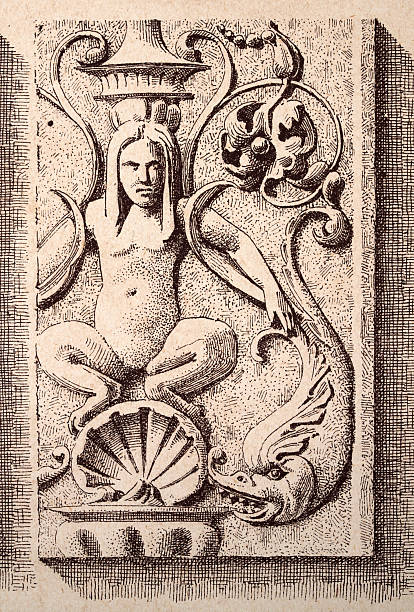istock Architectural sculpture of Half woman half frog creature sitting on seashell, Dolphin, Drawing, Sculpture, decorative art, French, Vintage illustration, 19th Century 2220450102