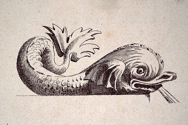 Architectural sculpture of Dolphin blowing water out of its mouth, Drawing, Sculpture, decorative art, French, Vintage illustration, 19th Century