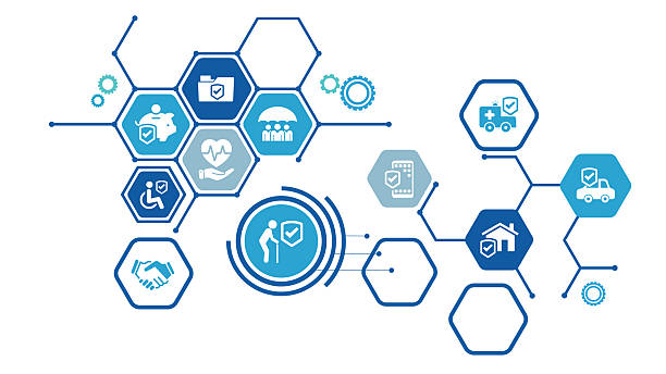 istock Insurance coverage. Blue concept with icons related to safety and protection, security, insured risks and liability. Health care, risk, help service. Car accident, travel insurance, flight protection. 2220450452