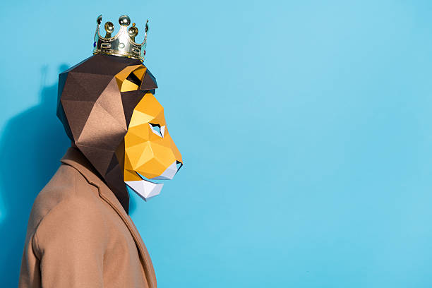 Profile side photo of authentic bizarre guy in lion mask look empty space offer theme party isolated over blue color background.