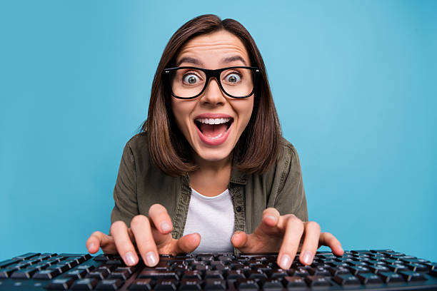 istock Photo of shocked manager lady use web camera  text message software development isolated over blue color background 2220460858