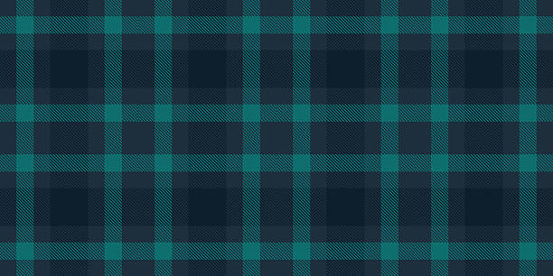 Seamless plaid pattern featuring green, blue checkerboard layout on navy background. Perfect for textiles, wallpapers, designs seeking elegant, classic fabric-inspired style.