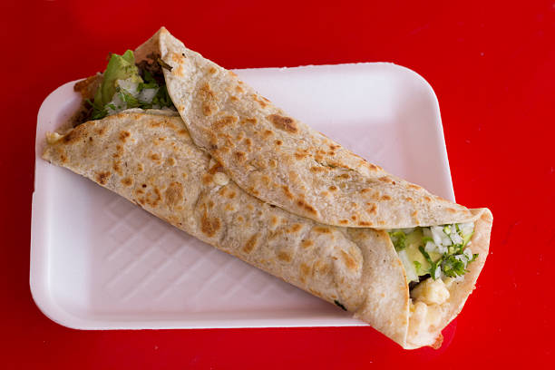 This image highlights a wrapped burrito stuffed with fresh vegetables and meat, set against a bold red background, emphasizing bright colors and appetizing textures.
