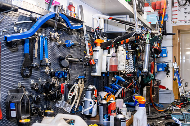 istock Bike mechanic tools hanging on wall in workshop 2220466178