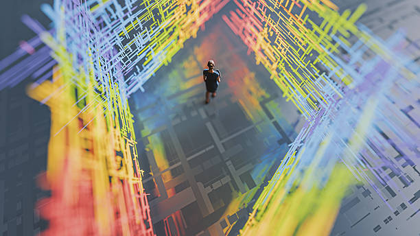 istock Businesswoman walking in VR environment 2220469662