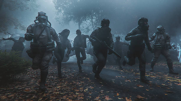 istock Soldiers running from zombie hordes 2220469723