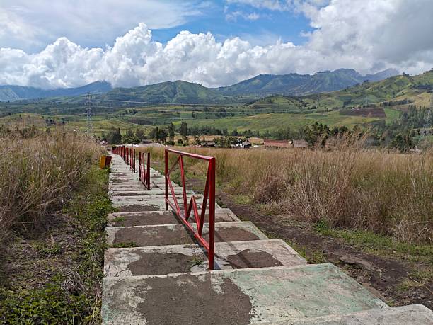 Mountain climbing stairs have safety handrails