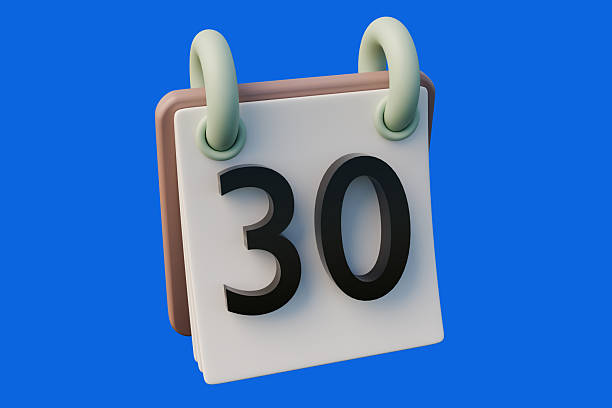 3D rendering of a calendar page with the number 30. Suitable for promotional materials, event announcements, and social media graphics.