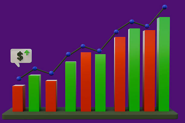 3D rising bar chart for financial growth. Suitable for business presentations, reports, articles or blogs about finance, investment and success. 3D Rendering.