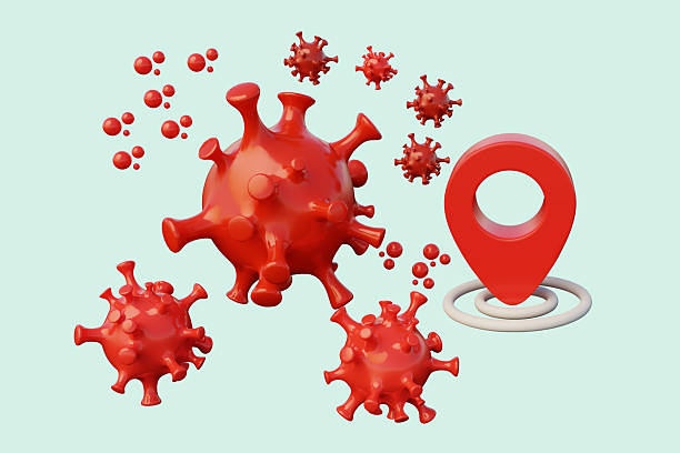 istock Red 3D coronavirus model with location marker. 2220478833