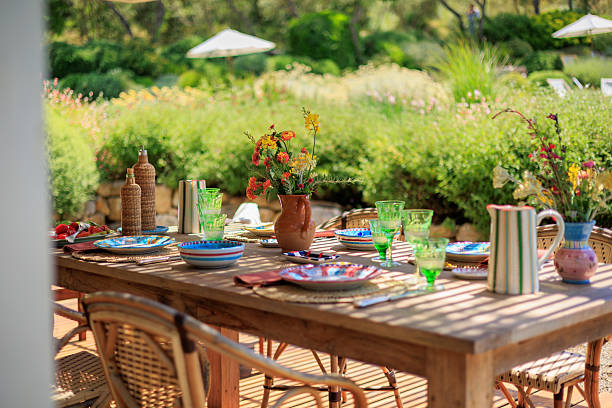 istock Dining table terrace in Italian garden with sea view 2220489219