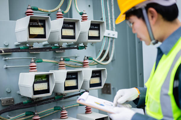 istock Engineer is working at power substation performing high voltage inspection and check of electrical infrastructure to ensure safety and proper operation 2220497875