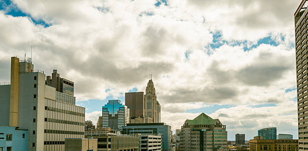 Aerial shot of downtown Cleveland, Ohio on a Fall morning.\n\nAuthorization was obtained from the FAA for this operation in restricted airspace.
