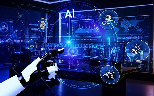 istock Futuristic office with a robotic arm pointing its index finger at an artificial intelligence diagram with technology icons. Modern and futuristic background. 2220502691