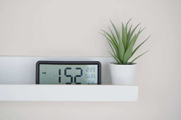 istock Digital clock on shelf next to small potted plant in afternoon light 2220503810