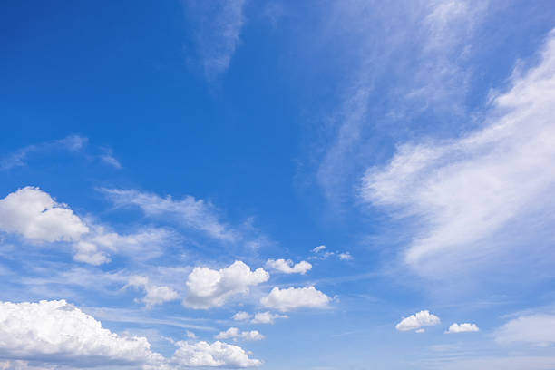 istock Panoramic view of clear blue sky and clouds, Blue sky background with tiny clouds. White fluffy clouds in the blue sky. Captivating stock photo featuring the mesmerizing beauty of the sky and clouds. 2220513473