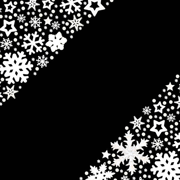 Christmas white snowflake, star, berry decorations, festive border on black background. Festive diagonal design for Xmas holiday season.