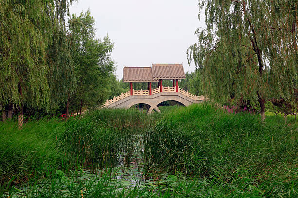 Double arch stone bridge in the park.