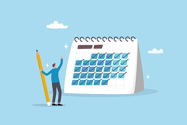 Consistency, discipline or calendar planning productivity, task organize, routine or deadline, complete checklist reminder or progress concept, businessman holding pencil tick every day on calendar. Consistency, discipline or calendar planning productivity, task organize, routine or deadline, complete checklist reminder or progress concept, businessman holding pencil tick every day on calendar. due-diligence stock illustrations