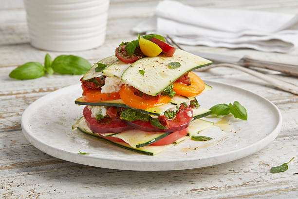 istock Raw zucchini tomato lasagna on white plate 2220534028