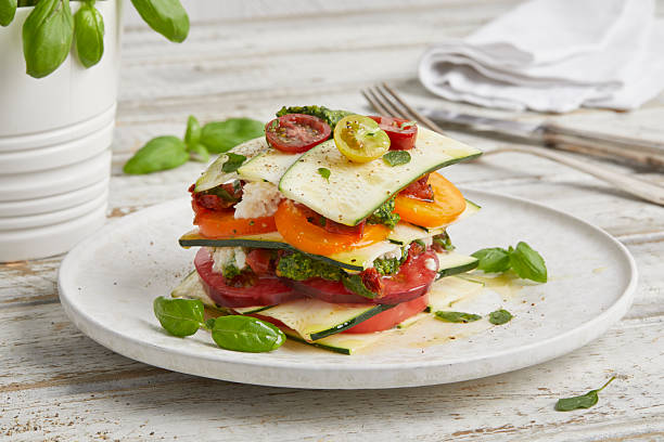 istock Raw zucchini tomato lasagna on white plate 2220534044