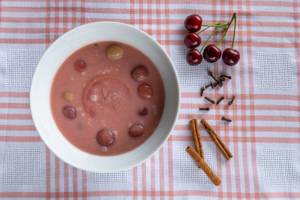 istock chilled cherry soup with fresh cherries and spices on checkered tablecloth top view 2220535081