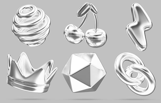 istock Chrome y2k abstract 3d shape set. Silver crown, spiral sphere, lightning, cherry, polygon, chain of liquid metal. Retro futuristic elements of steel or platinum, isolated render icon 2220539208
