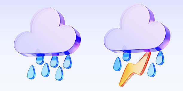 Weather forecast 3d render icon set. Glass holographic clouds with rain, thunder and lightning. Cloudy and rainy weather for app or ui design. Climate, rainfall, meteorology elements. 3D illustration