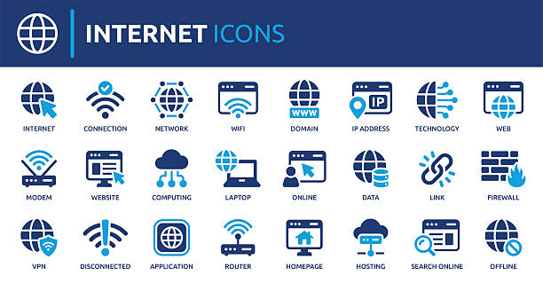 Internet icon set. Website, link and network solid vector icons collection. Containing web, online, domain, data, technology, modem, VPN, hosting, technology, connection and more. internet stock illustrations