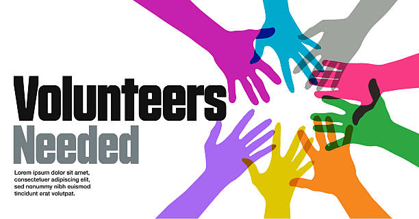 Colourful overlapping silhouettes of Hands raised for Volunteering poster