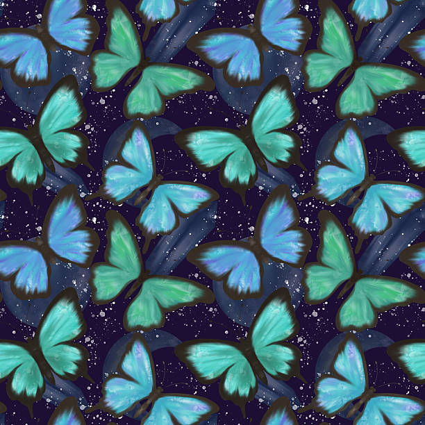 istock Delicate blue and green butterflies, full moon, crescent and magic crystal,splashes,seamless pattern 2220546522