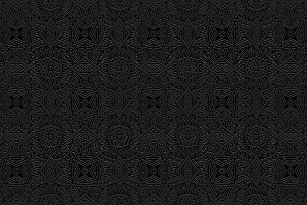 istock Ethnic black background, cover design, banner, wallpaper. Geometric creative tribal 3d pattern, embossing. Exotic ornaments, arabesques, mandala, fresco of the East, Asia, India, Mexico, Aztec. 2220547347