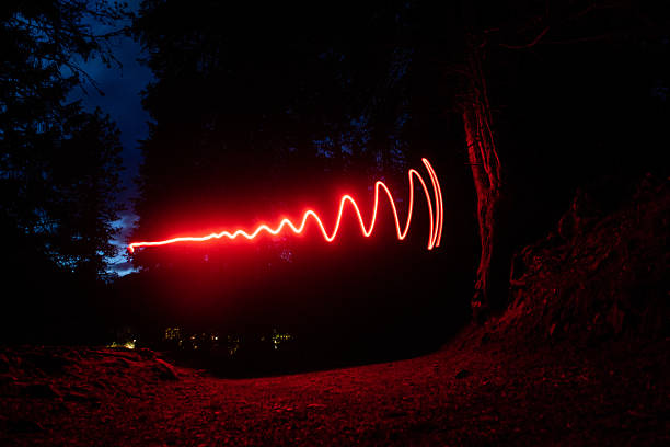 Futuristic light shapes in the dark in the mountain