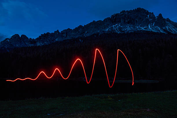 Futuristic light shapes in the dark in the mountain
