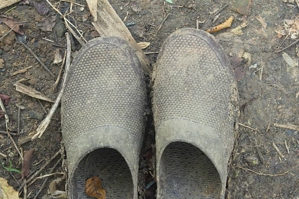 a pair of muddy grey/black hiking shoes on white backgroundsee my