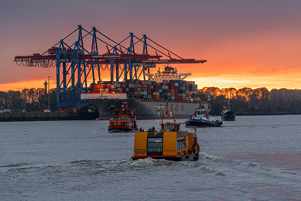 Hamburg, Germany - October 14, 2024: Port of Hamburg in evening light on October 14, 2024 in Germany