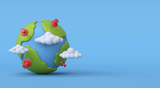 istock 3D globe with clouds and red pins on blue background 2220558141