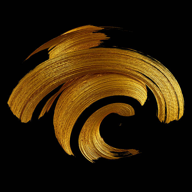 istock 3D rendering, abstract curved calligraphic brush stroke. Splash of gold paint, liquid metallic splatter, isolated on a black background 2220563693