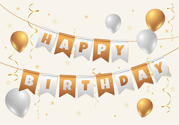 istock Happy Birthday golden and white congratulation greetings card with balloons and flags 2220565472