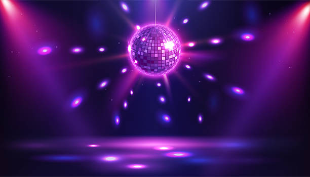 istock Night club with Disco ball rays. Dance floor room with mirror ball reflections and stage for parties and events. Neon glowing space for hangout. Cartoon realistic vector illustration 2220573339