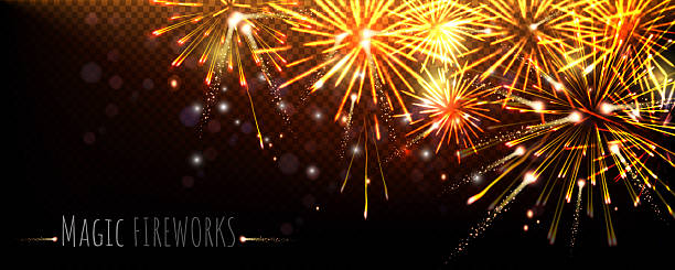 istock Magic fireworks in night sky. Banner with Christmas lights to celebrate winter holiday. Design element for anniversary and festival. Realistic vector illustration 2220573906