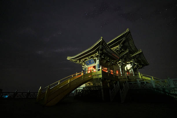 Beautiful ancient Chinese architecture, night sky, Milky Way