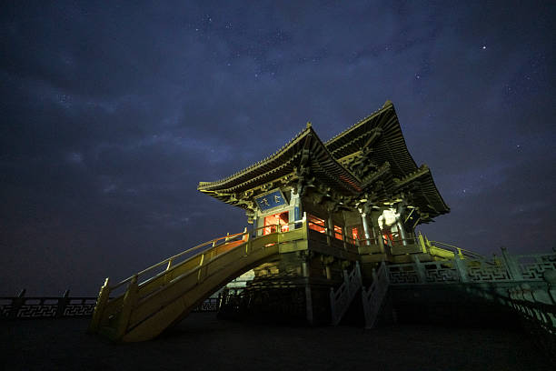 Beautiful ancient Chinese architecture, night sky, Milky Way