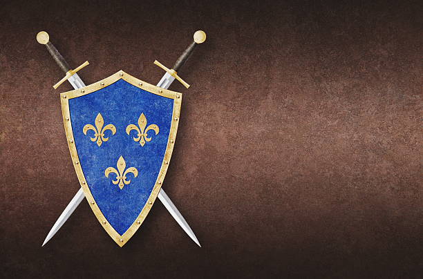 blue shield decorated with three golden heraldic lilies and two swords on grunge background