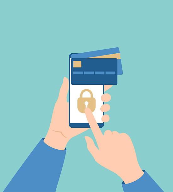 istock Hand holding smartphone with credit cards on it and pressing lock icon on screen. Flat vector illustration 2220577383