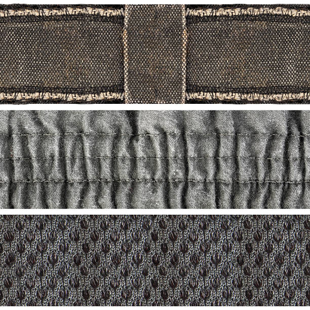 Seamless isolated photo of various material cloth belt straps with stitching and nylon mesh.